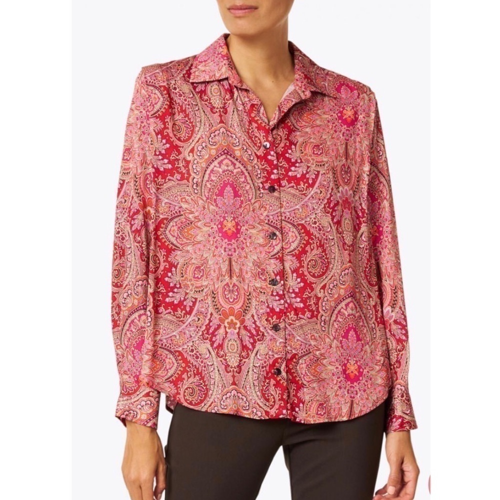 Finley Joey Print Long Sleeve Button Down Blouse 
Pink Orange Paisley Medium